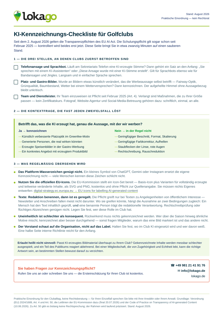 Vorschau: KI-Kennzeichnungs-Checkliste für Golfclubs (PDF, eine Seite)